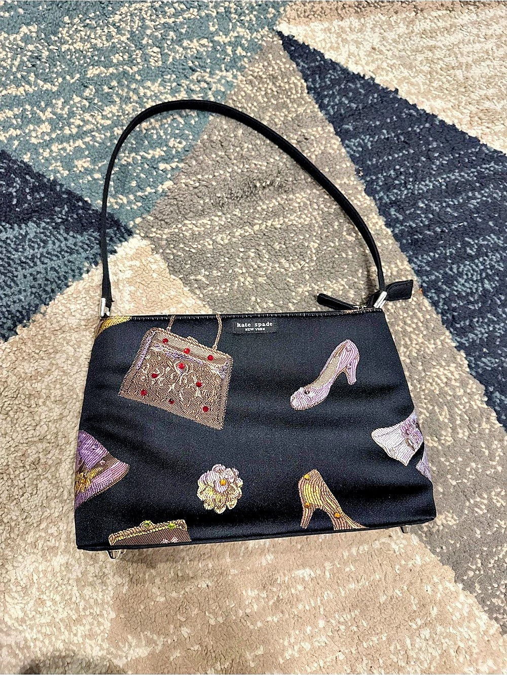 Kate Spade Embellished Shoe Print Shoulder Bag Black